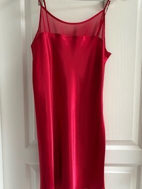Red Satin Slip Chemise with Sheer Yoke NWOT